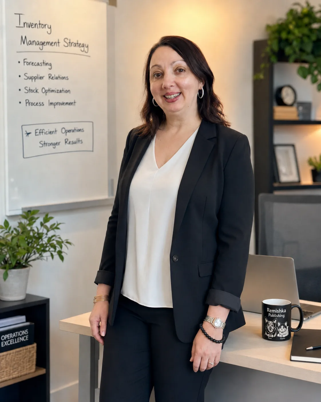 Larisa in her office with an inventory management strategy whiteboard, a Remishka Publishing mug on the desk beside her laptop