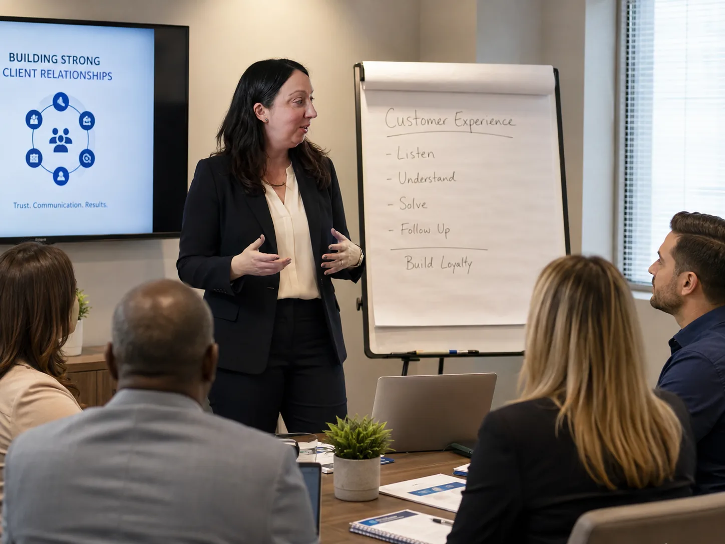 Larisa presenting on client relationships to a seated audience, whiteboard beside her listing Listen, Understand, Solve, Follow Up, Build Loyalty